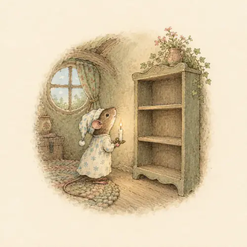A mouse in a nightcap holds a candle beside an empty bookshelf.