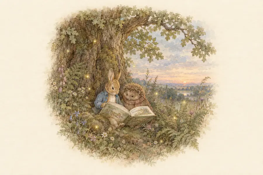 A rabbit and a hedgehog read a picture book together under an old tree at sunset.