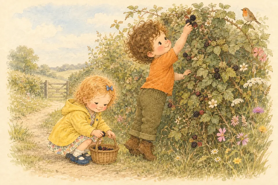 Hedgerow style: Pip reaches for blackberries high in a bramble hedge while Wren crouches below, dropping berries into a small wicker basket.