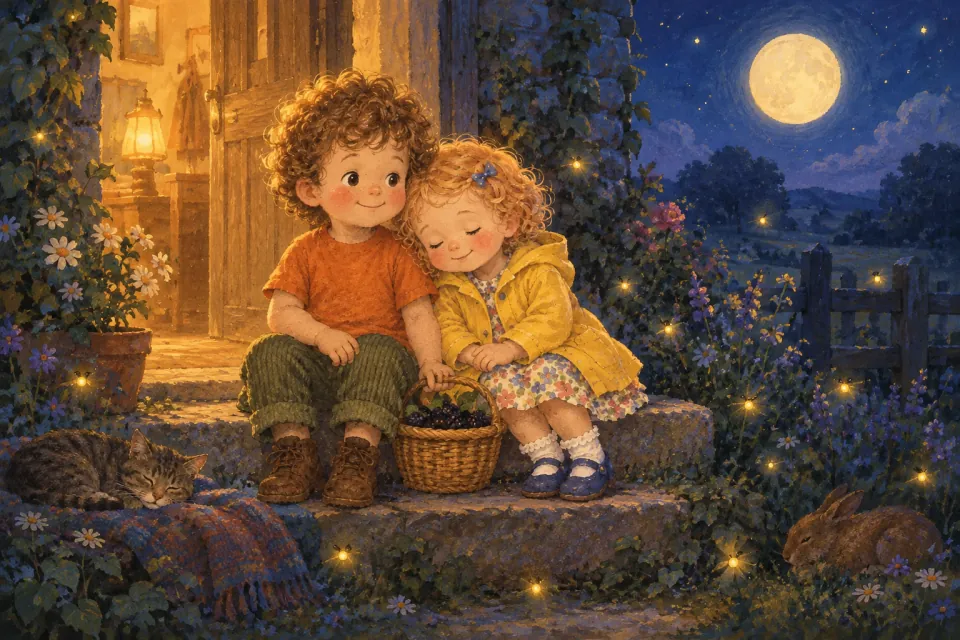 Moonlit style: at dusk, Pip and Wren sit on a cottage step with the full basket between them, fireflies in the garden and a round moon rising.
