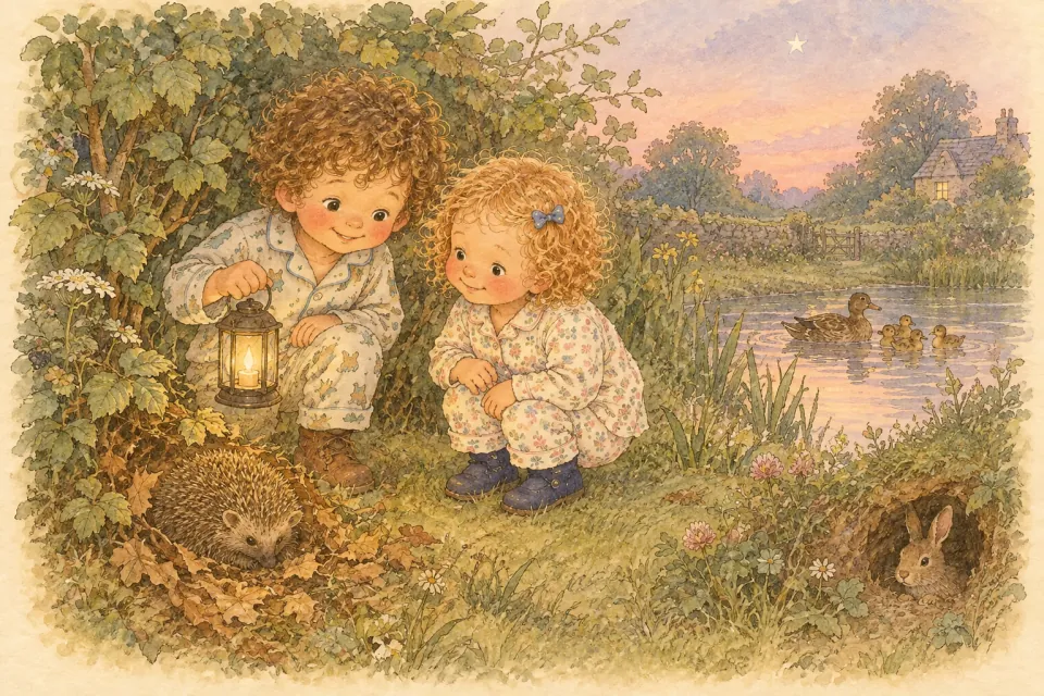 Pip holds a lantern as he and Wren crouch in pajamas by a hedge, watching a hedgehog curl up in leaves while ducks settle on a pond at dusk.