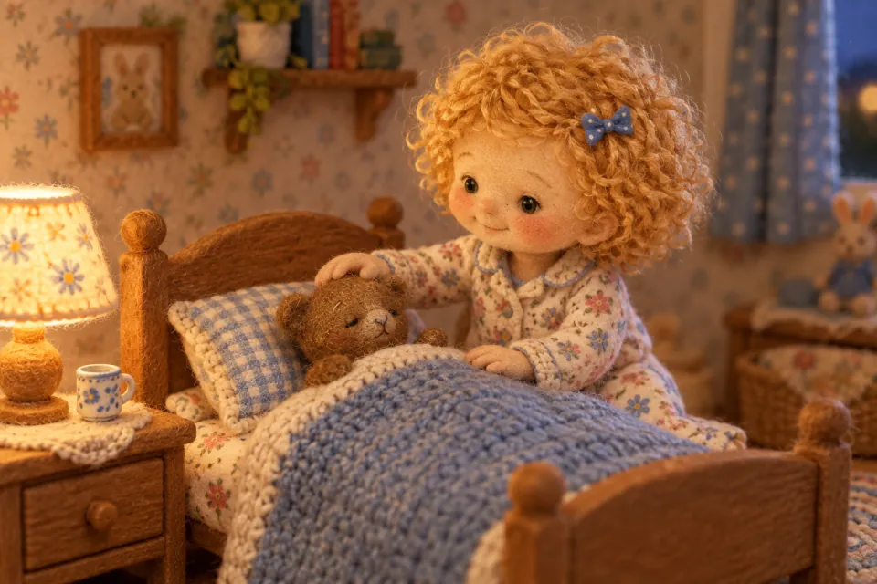 Wren, as a felted doll in pajamas, tucks a small felted bear under a knitted blanket in a tiny lamplit bedroom.