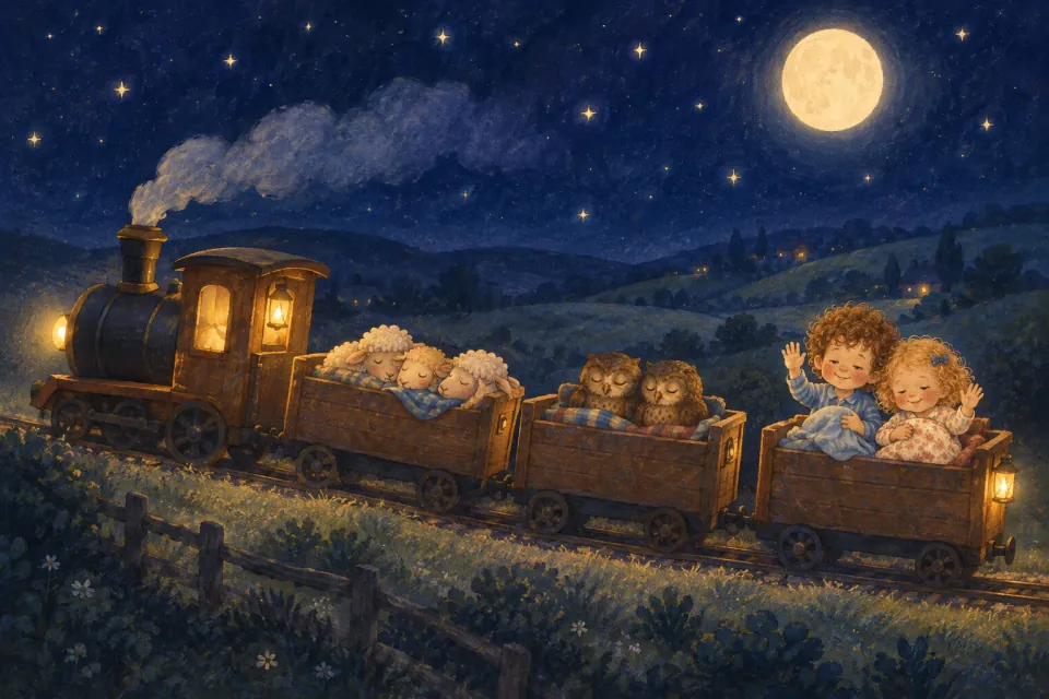 A small steam train rolls over moonlit hills carrying three sleeping sheep, two sleeping owls and Pip and Wren waving from the last carriage.