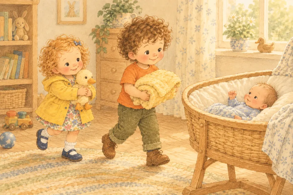 Pip carries a folded yellow blanket across the nursery while Wren follows with a toy duck, and a newborn waves from a wooden bassinet.