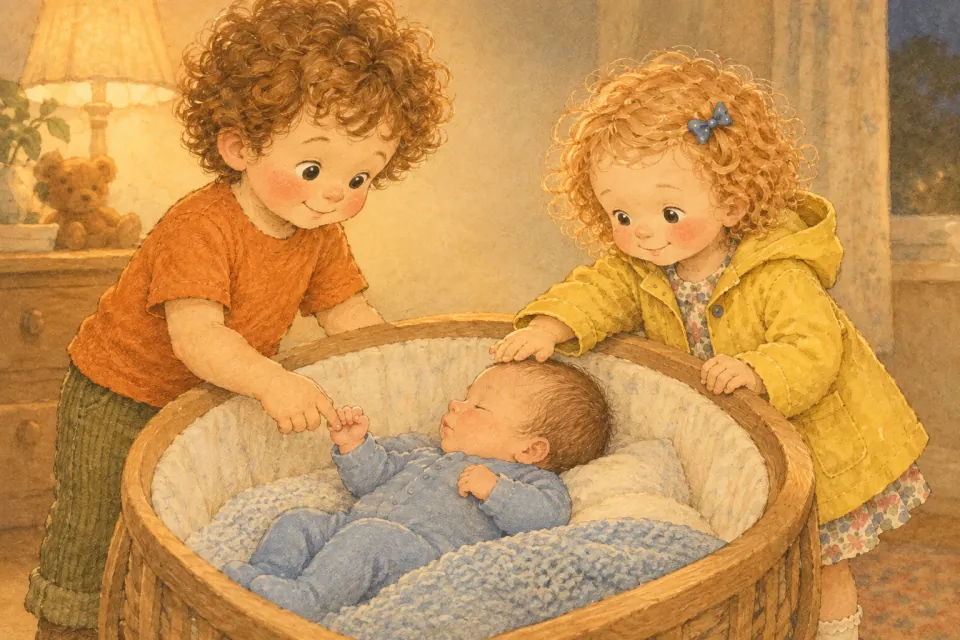 Baby Otto holds Pip's finger in the bassinet while Wren pats the baby's head softly in lamplight.