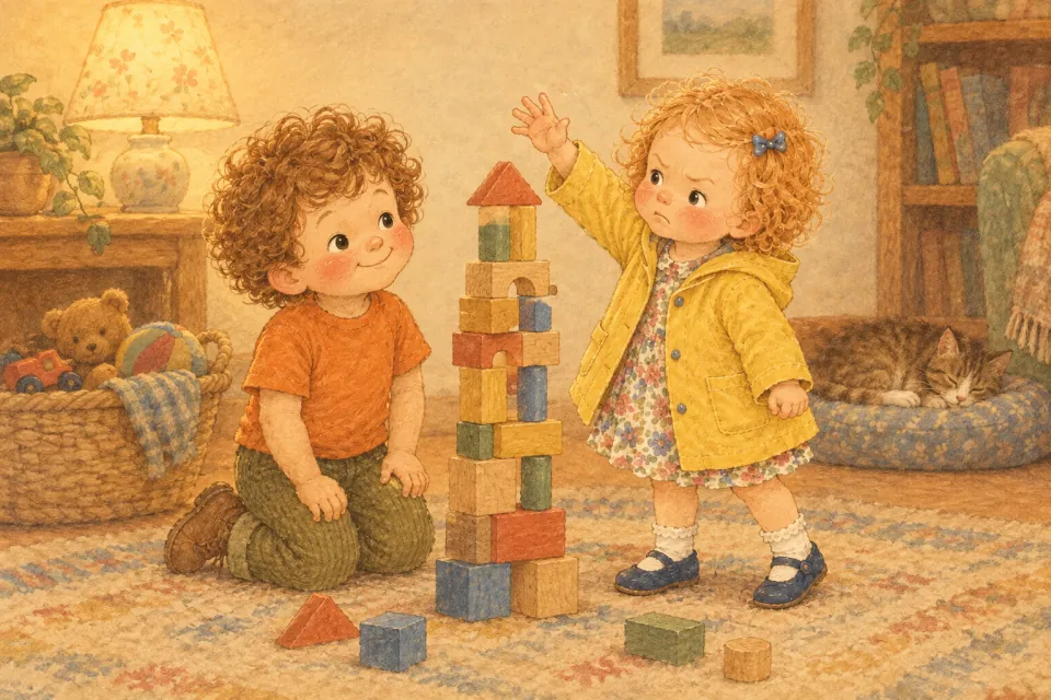 Wren frowns and lifts her hand high over Pip's tall tower of wooden blocks while Pip kneels beside it, drawn in soft colored pencil.