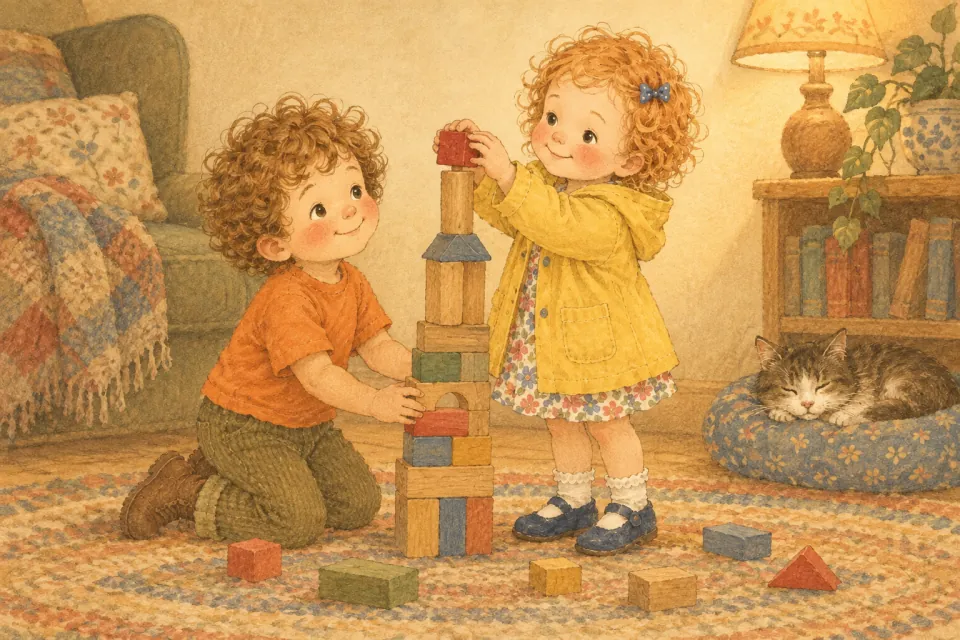 Wren smiles as she sets a red block on top of the tower while Pip holds the bottom steady.
