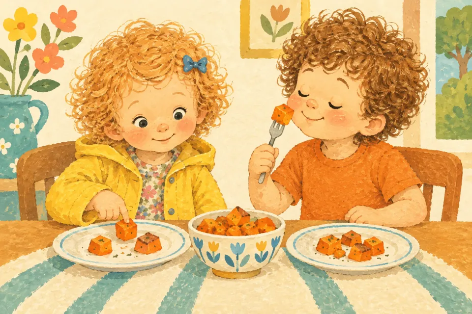 Wren pokes an orange cube of sweet potato with one fingertip while Pip sniffs a piece on his fork with his eyes closed.
