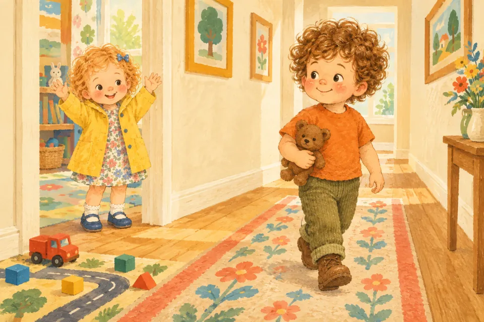 Pip walks down a sunny hallway with his teddy bear under his arm while Wren cheers from the playroom doorway, his toy truck left on the rug.