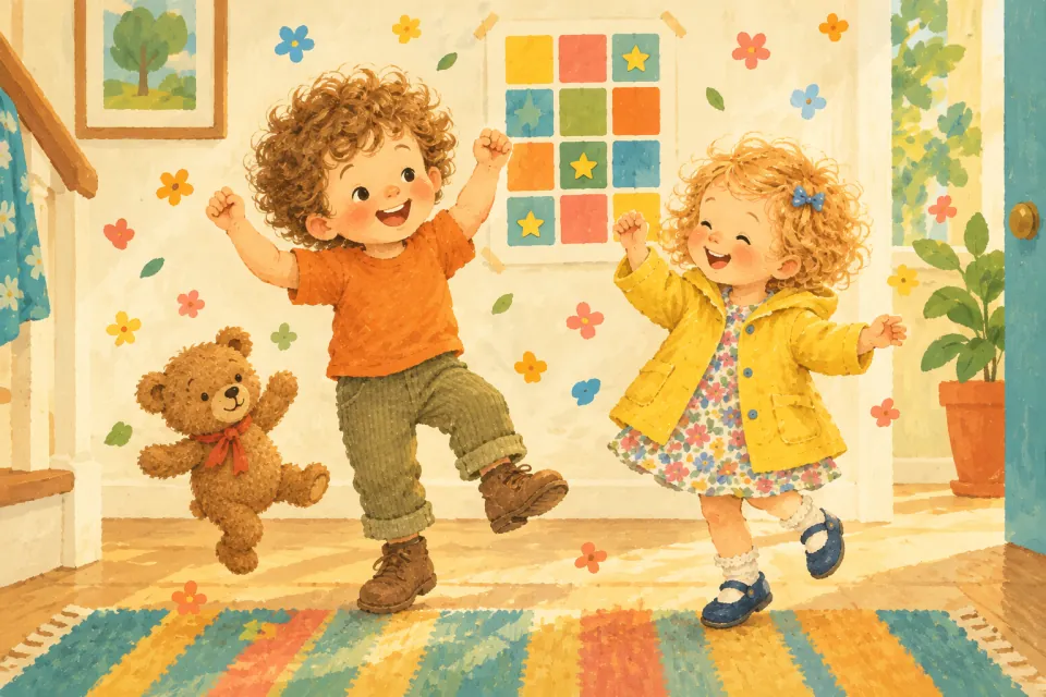 Pip and Wren do a joyful happy dance in the hallway beside a wall chart with star stickers, Bear bouncing along.