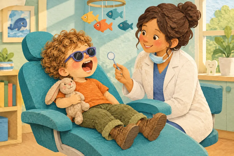 Pip lies back in a big dentist's chair wearing fun sunglasses and holding his toy rabbit, opening wide while a smiling dentist holds a tiny mirror.