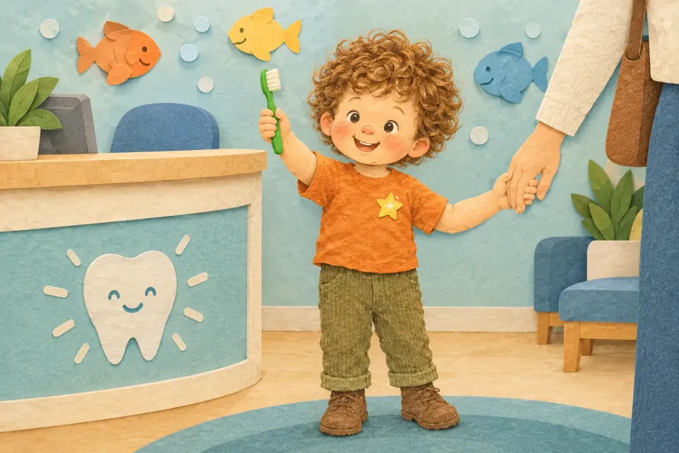 Pip stands at the dentist's front desk holding up a new green toothbrush, a star sticker on his shirt, waving goodbye.