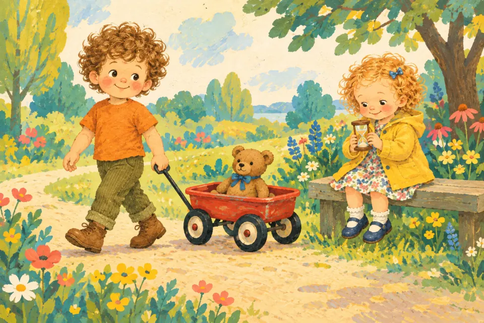 Pip pulls a little red wagon with a teddy bear in it down a flowery path while Wren sits on a bench holding a sand timer.