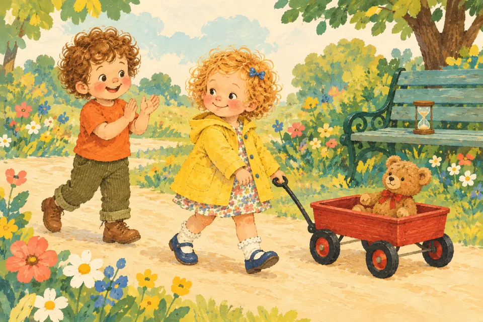 Wren proudly pulls the red wagon with the teddy bear inside while Pip walks beside her, clapping.