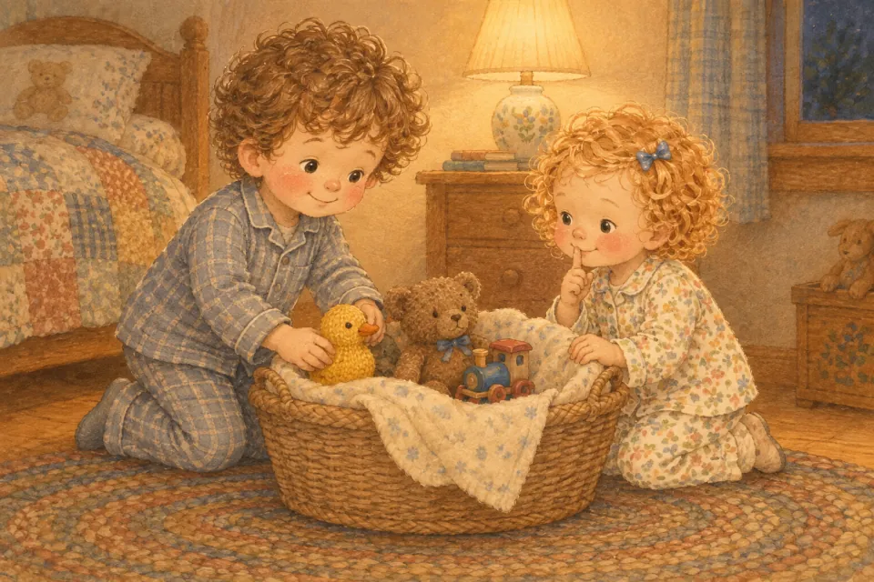 Pip and Wren, in pajamas, tuck a knitted duck, a teddy bear and a wooden train into a basket bed by lamplight.