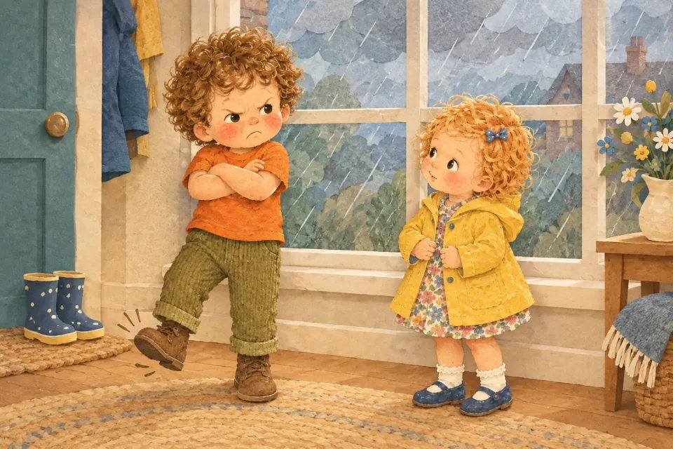 Pip stands by a rainy window with his arms crossed and one foot stomping while Wren, in her yellow raincoat, looks up at him, made from layered cut paper.