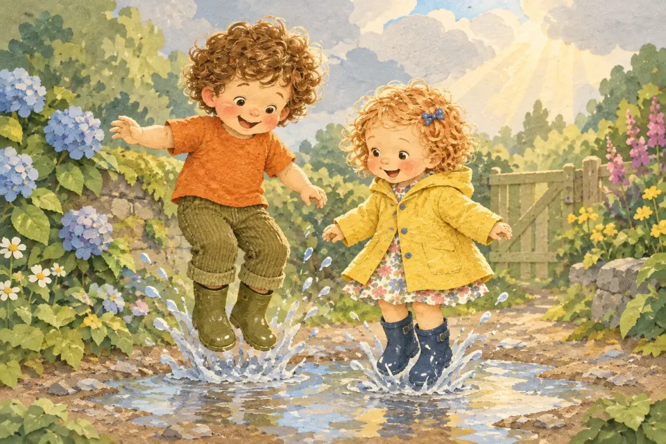 Pip and Wren in rain boots jump into a big puddle on a garden path, laughing, as water splashes up.