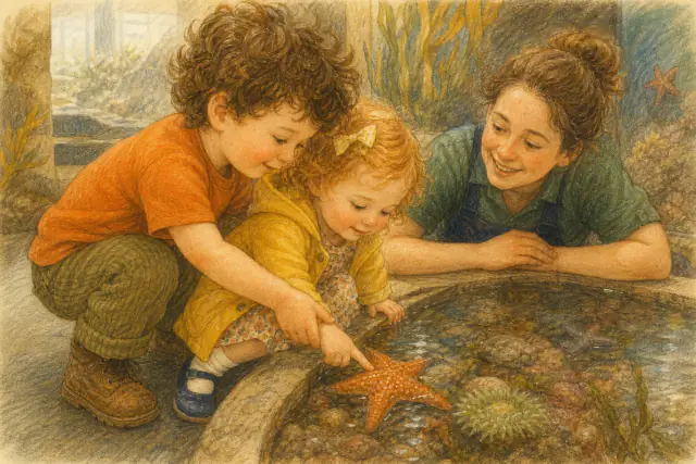 Pip gently guides Wren's hand to stroke an orange starfish at the touch pool while a keeper smiles.