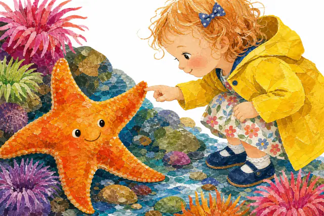 Tissue-paper collage: a smiling starfish lifts one arm to Wren's fingertip.
