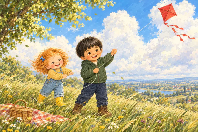 Theo and June fly a red kite on a windy hilltop meadow.