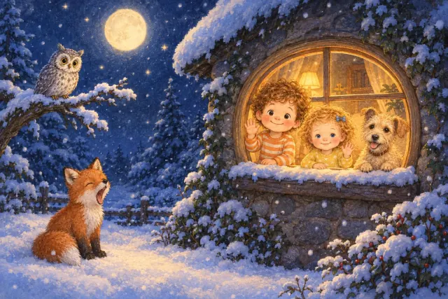 A little stone cottage in a snowy forest at night, warm gold light in the round window. Pip in striped orange-and-cream pajamas and Wren in yellow star pajamas wave from the window, smiling.