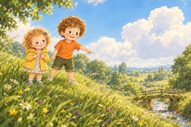 A tall grassy hill in warm afternoon light. Pip in his orange t-shirt and olive corduroy trousers stands on the slope pointing downhill, grinning.