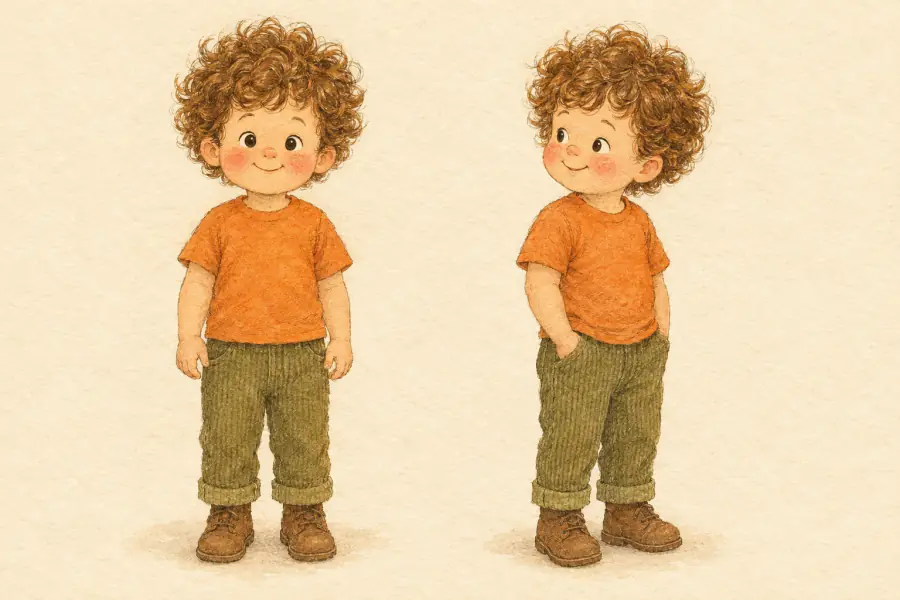 Character sheet: Pip, a curly-haired three-year-old in an orange t-shirt, drawn from the front and in three-quarter view.