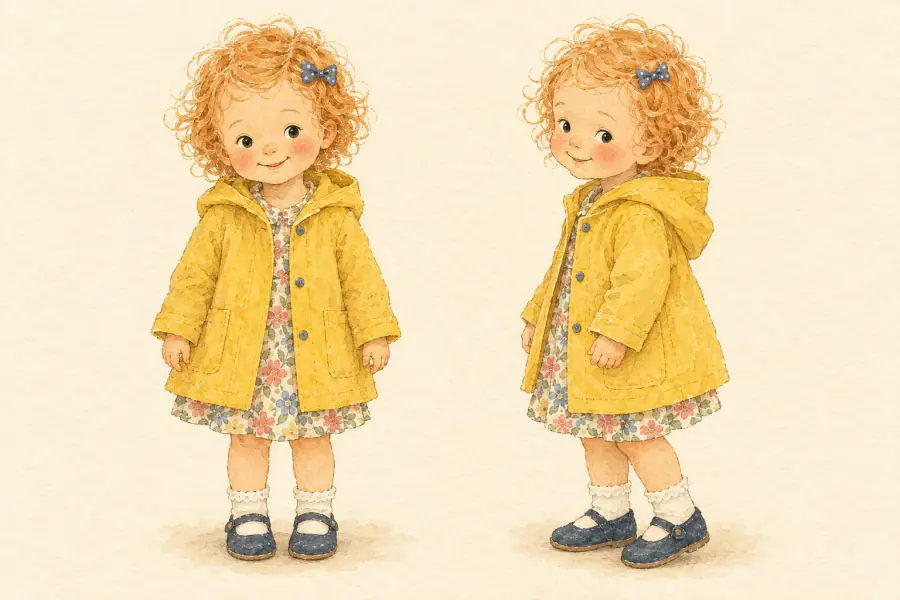 Character sheet: Wren, a two-year-old with strawberry-blonde curls and a yellow raincoat, drawn from the front and in three-quarter view.