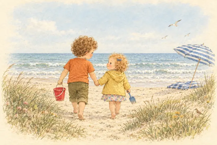 Pip and Wren walk hand in hand toward the sea, swinging a red bucket, painted in soft Edwardian watercolor.