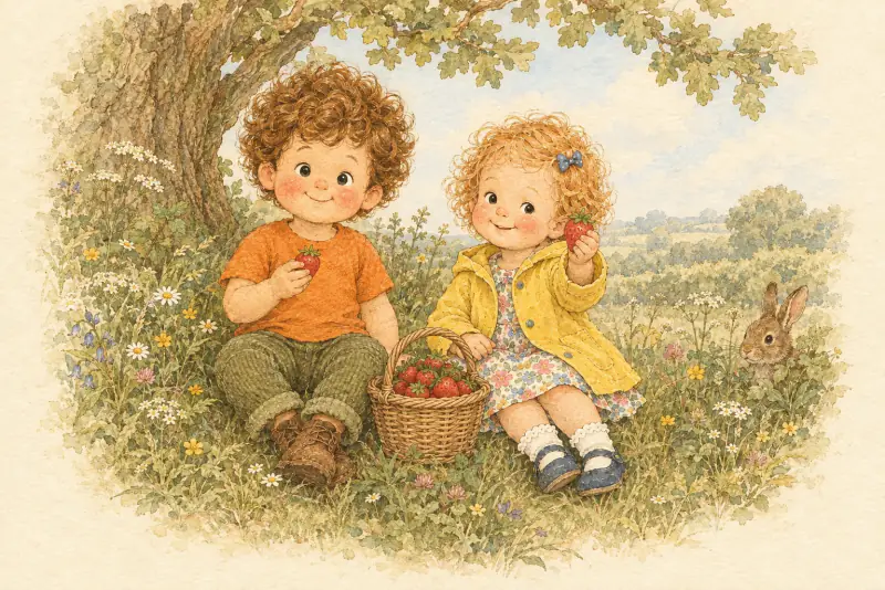 Pip and Wren share a basket of strawberries under an oak tree, painted in the Hedgerow style.