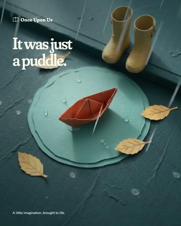 A little paper boat floats from a puddle into a whole ocean.