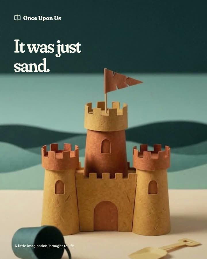 A sandcastle unfolds into an illuminated paper kingdom.
