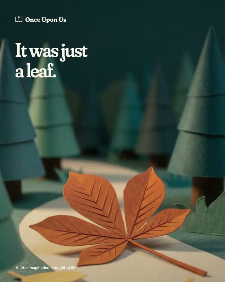 An autumn leaf becomes a little fox in a paper forest.