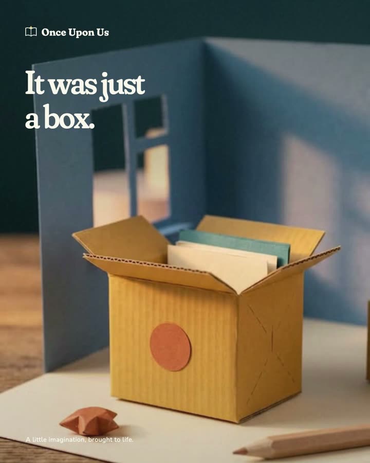 A cardboard box becomes a rocket in a folded-paper cosmos.