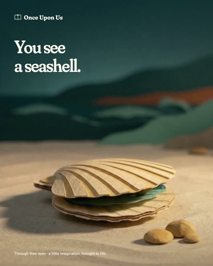 A tiny shell opens into a paper reef with an orange turtle.
