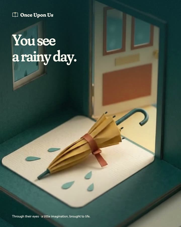 A folded umbrella becomes a golden balloon above a paper town.